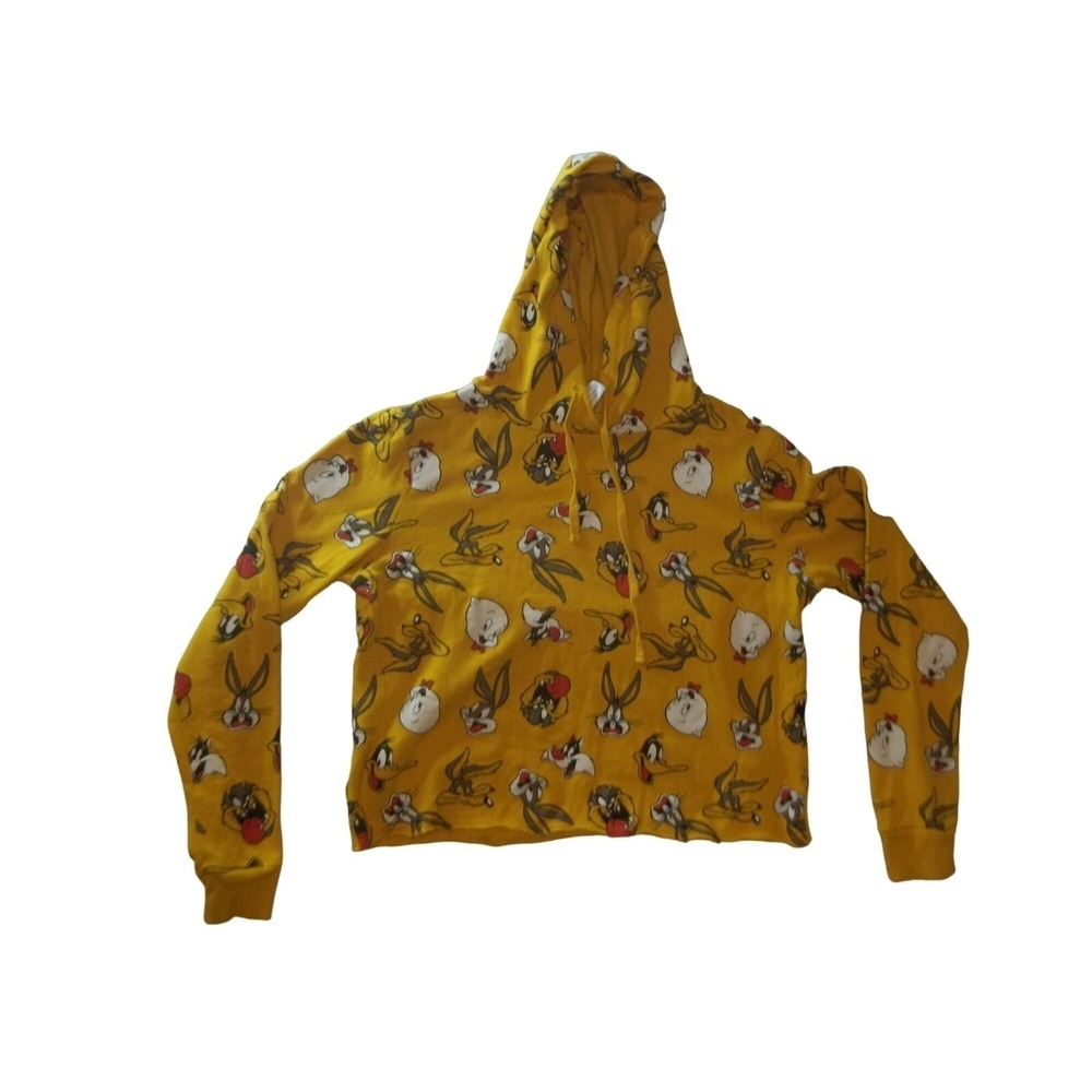 Looney Tunes Cropped Hoodie Women Sz XS Yellow All Over Print Character Pullover